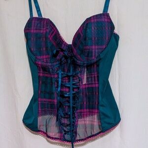 Frederick's of Hollywood Corset Bustier Teal & Purple Plaid Top Size 36 NWOT